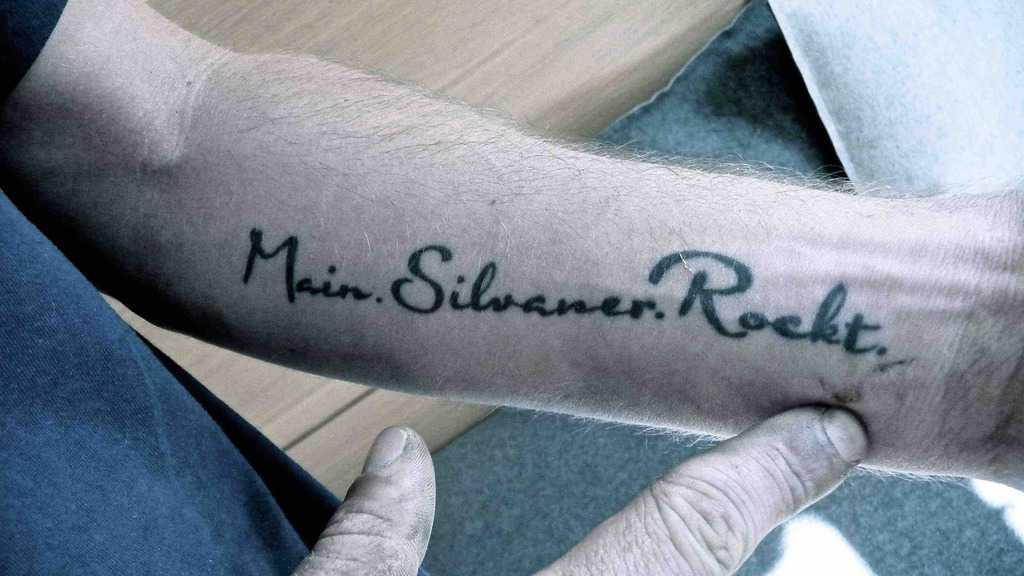 Christian Müllers tattoo reads in translation: "My Silvaner rocks". Photo Megan Spencer (c) 2017
